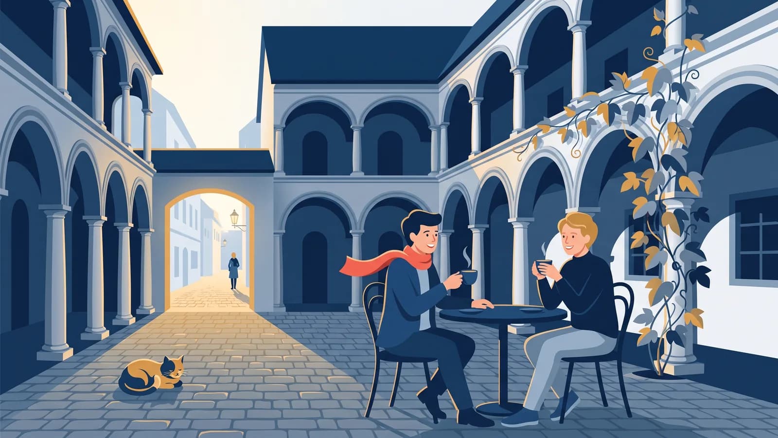 Illustrazione: due amiche prendono un caffè in un tranquillo cortile porticato nel centro storico di Klagenfurt, un gatto riposa sul selciato