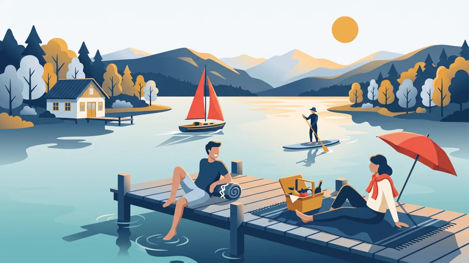Illustrazione: due amiche su un pontile del lago Wörthersee con un cestino da picnic, una barca a vela e un praticante di stand-up paddle sull’acqua, montagne sullo sfondo