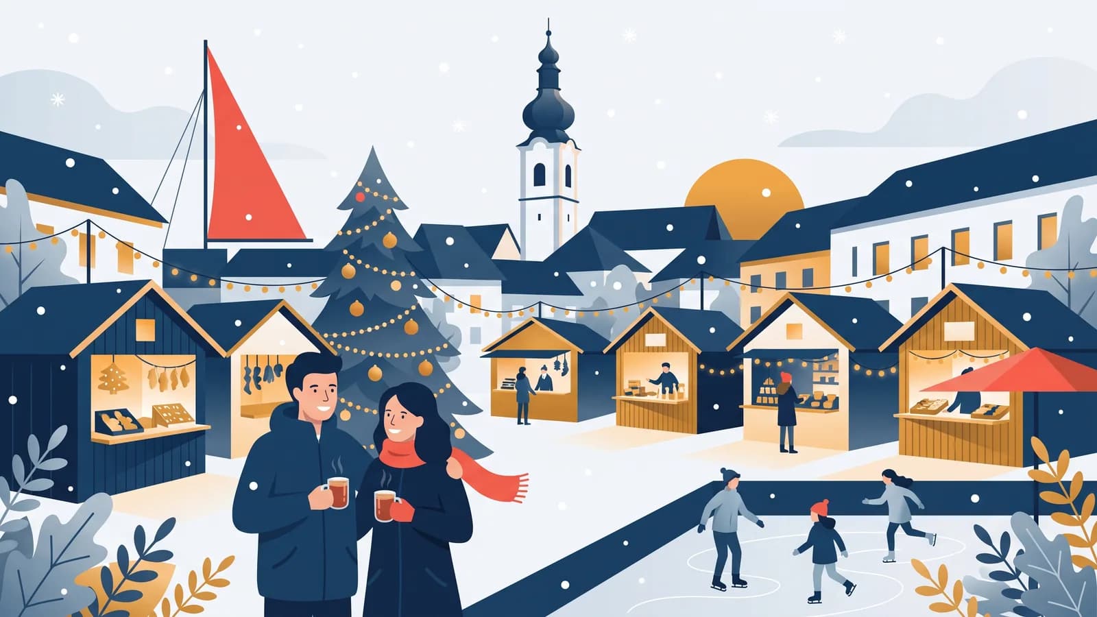 Illustration : un couple avec des tasses de punch à l’Avent de Villach, des chalets en bois, une patinoire et le clocher en arrière-plan