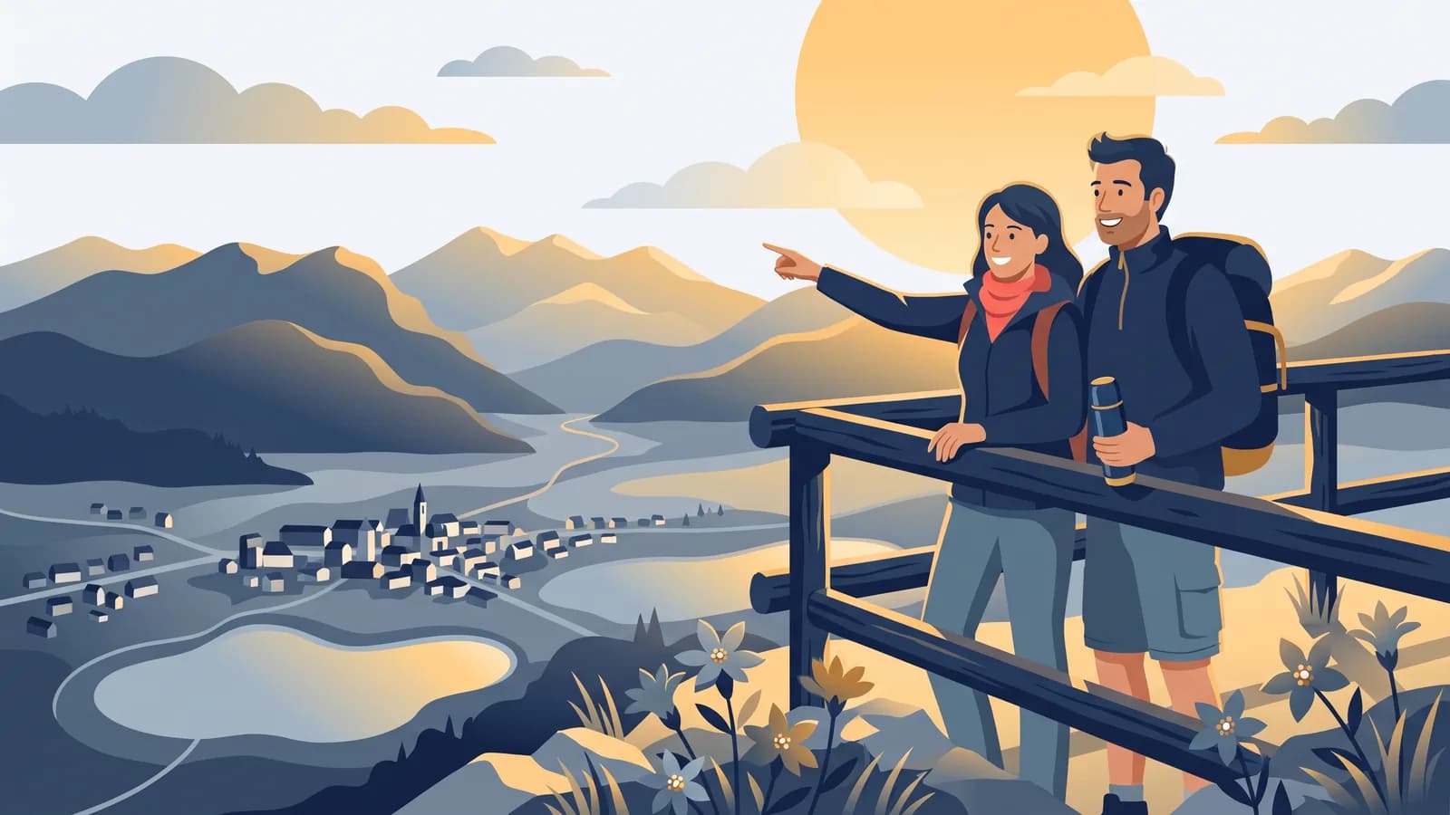 Illustration : un couple de randonneurs à une balustrade en bois sur le Dobratsch, avec vue sur la vallée de la Drave, une ville et deux lacs