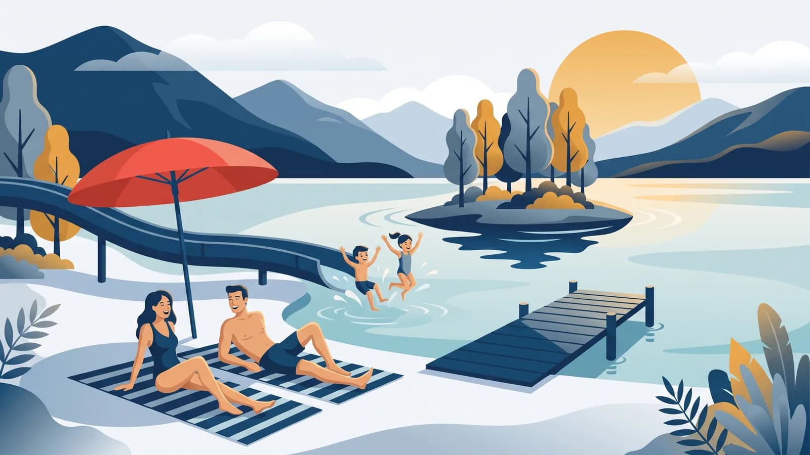 Illustration : une famille au lac de Faak et son île, un toboggan qui descend dans l’eau et des enfants qui sautent