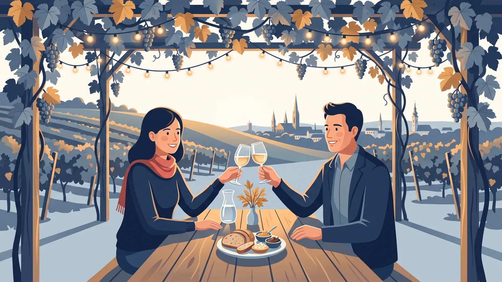 Illustrazione: due amiche brindano con vino bianco sotto un pergolato di vite, vigneti e la città sullo sfondo