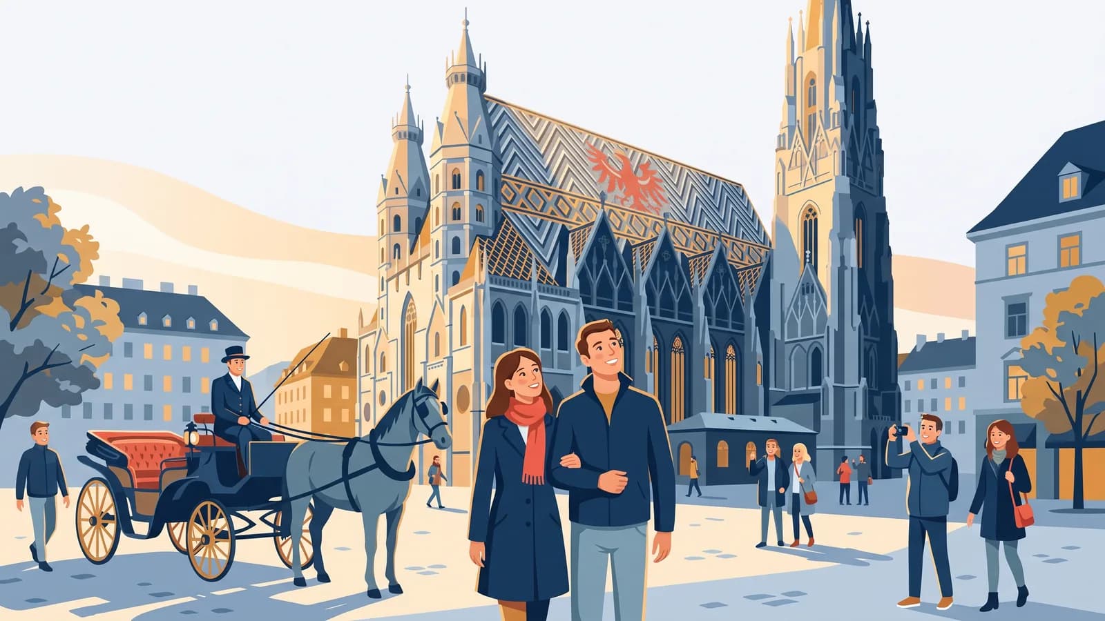 Illustrazione: una coppia davanti al Duomo di Santo Stefano con il suo tetto decorato, una carrozza a cavalli accanto