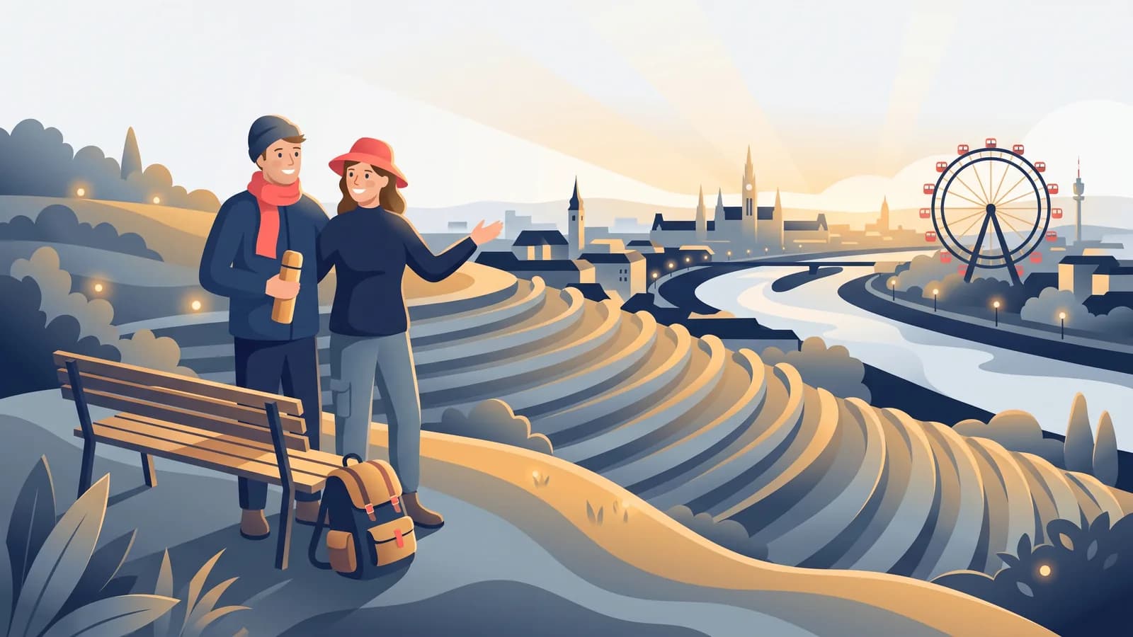 Illustrazione: una coppia di escursionisti sul Laaer Berg con vista su vigneti terrazzati, lo skyline di Vienna e la ruota panoramica