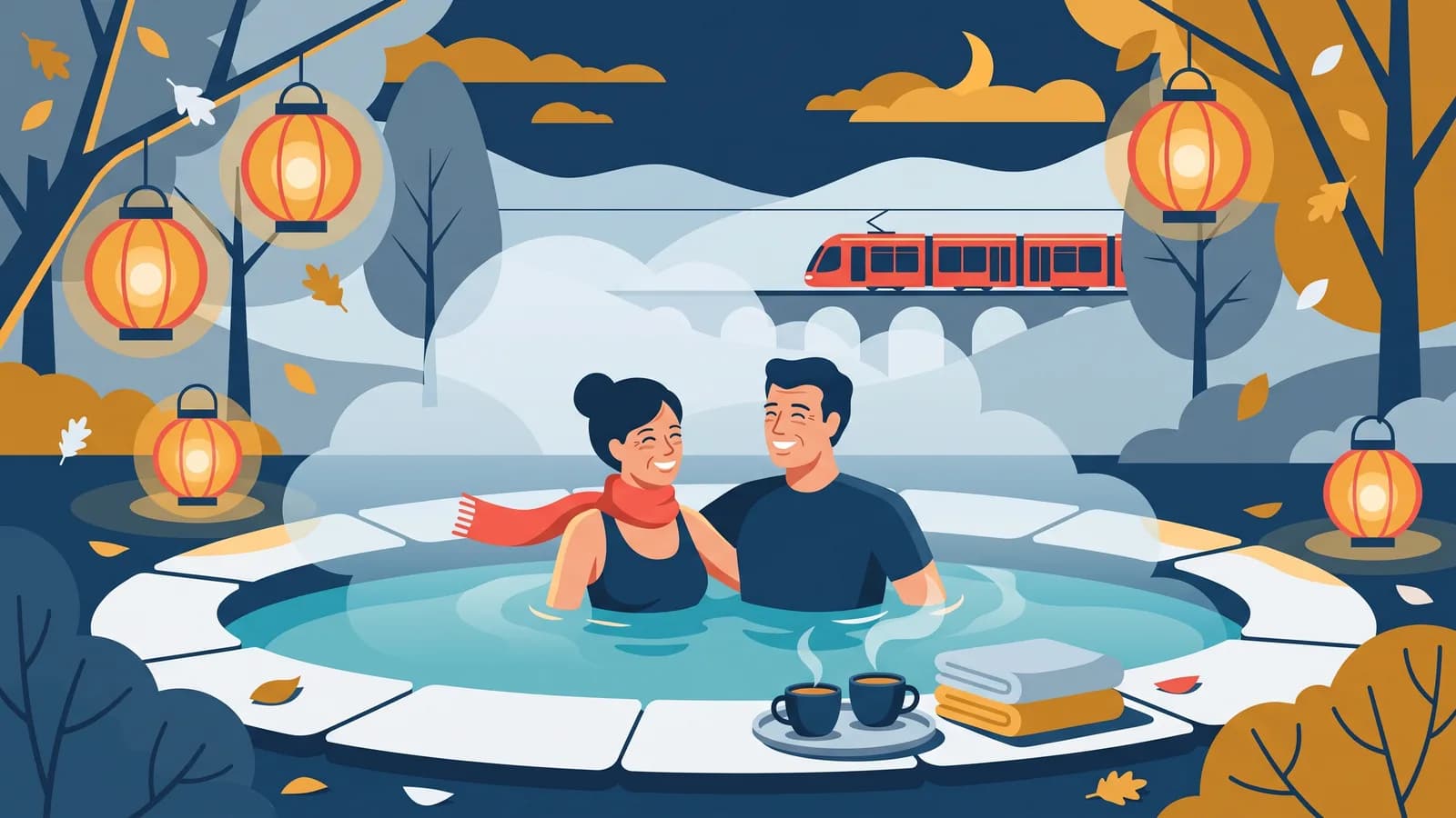 Illustrazione: una coppia si rilassa la sera in una piscina termale fumante tra alberi autunnali e lanterne