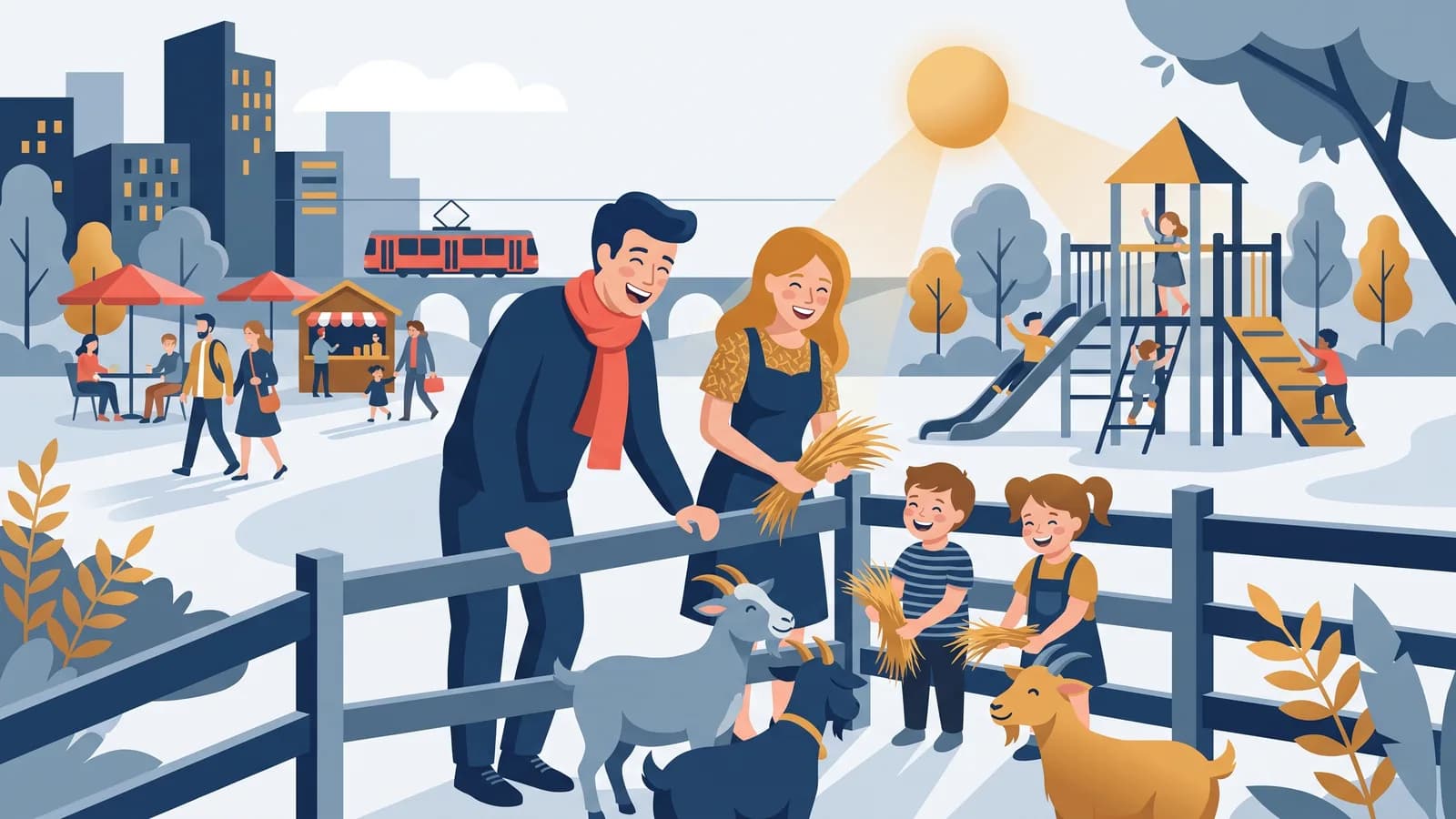 Illustrazione: una famiglia dà da mangiare alle capre nane in un recinto del parco, un parco giochi sullo sfondo