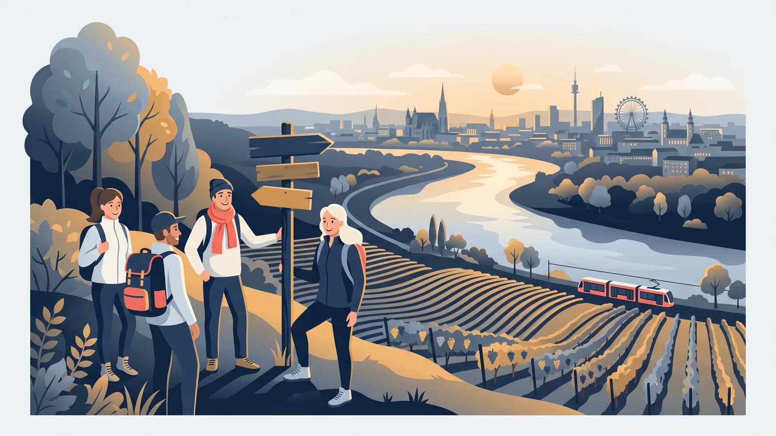 Illustration : des randonneurs sur le Bisamberg, avec vue sur les vignobles, le Danube et la silhouette de Vienne