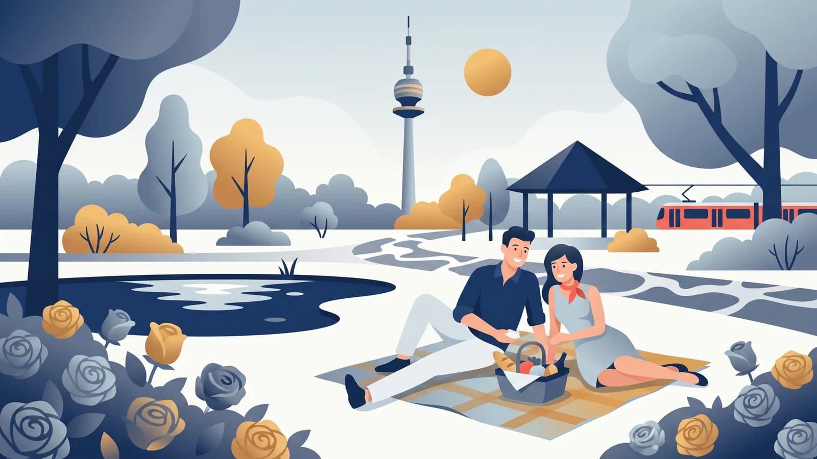 Illustration : un couple pique-nique dans le Donaupark parmi les roses, la Donauturm en arrière-plan