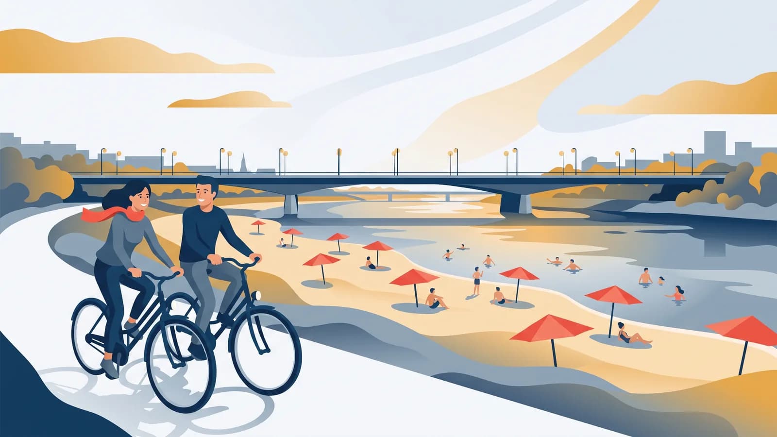 Illustration : un couple à vélo le long de la plage et du Danube sur la Donauinsel