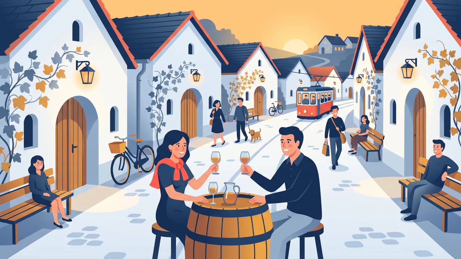 Illustration : un couple assis à un tonneau dans la ruelle des caves de Stammersdorf, entre des maisons de pressoir blanchies à la chaux