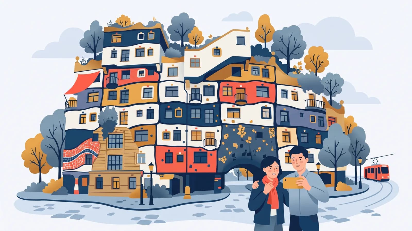 Illustration : un couple photographie la Hundertwasserhaus colorée, avec des arbres sur ses balcons
