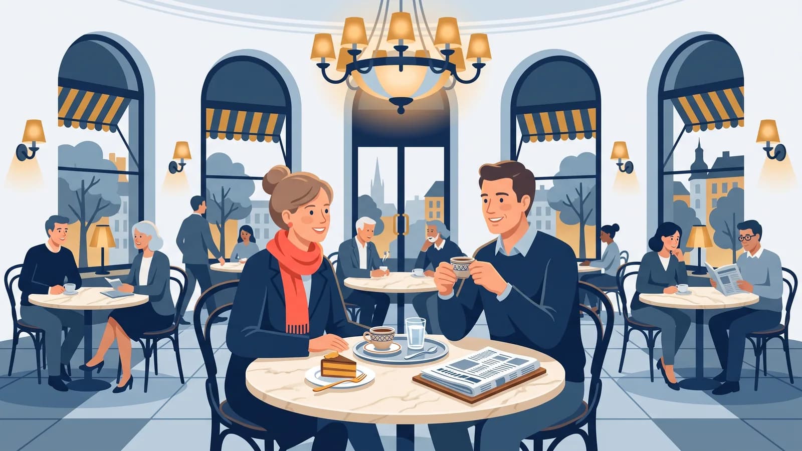 Illustration : un couple avec café et gâteau à une table en marbre dans un café viennois avec un lustre