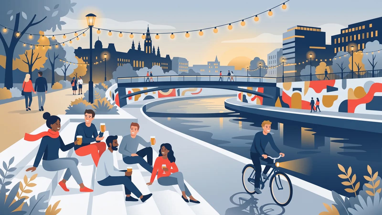 Illustration : des amis assis le soir sur des marches au bord du canal du Danube, un cycliste qui passe, des fresques colorées sur le mur du quai