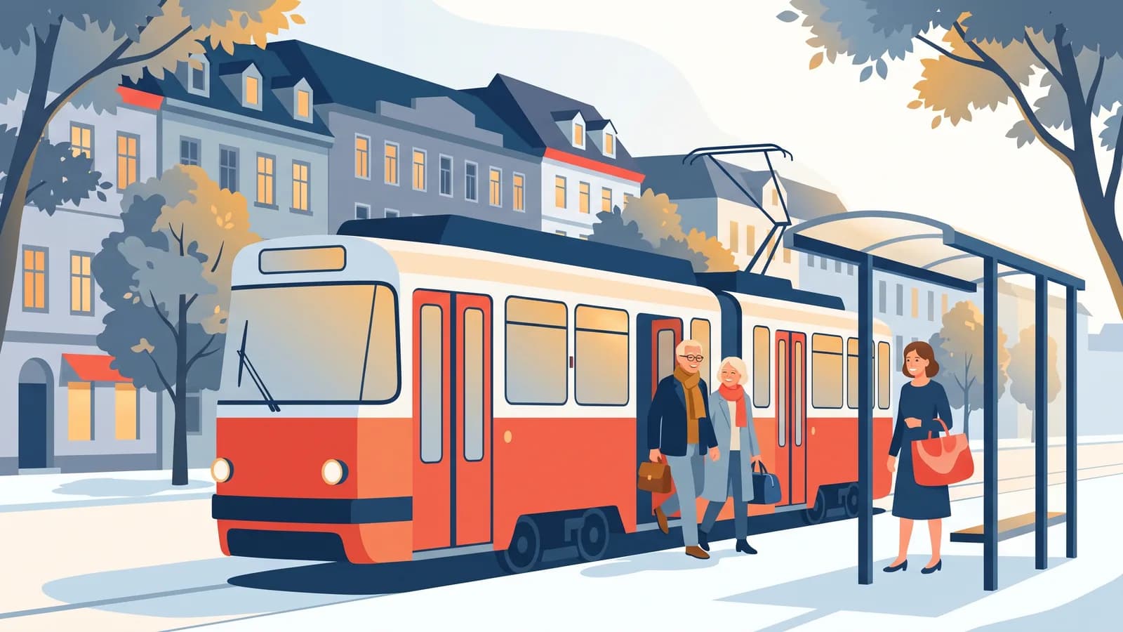 Illustration : un couple descend d’un tramway viennois à un arrêt, des maisons historiques et des arbres à côté