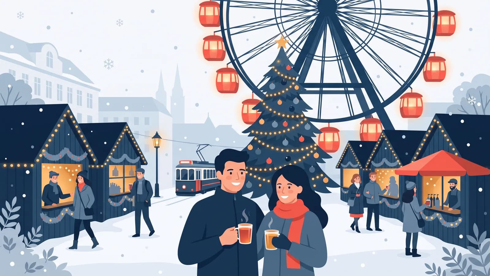 Illustrazione: una coppia con tazze di punch al mercatino invernale della Riesenradplatz, il Riesenrad illuminato alle spalle
