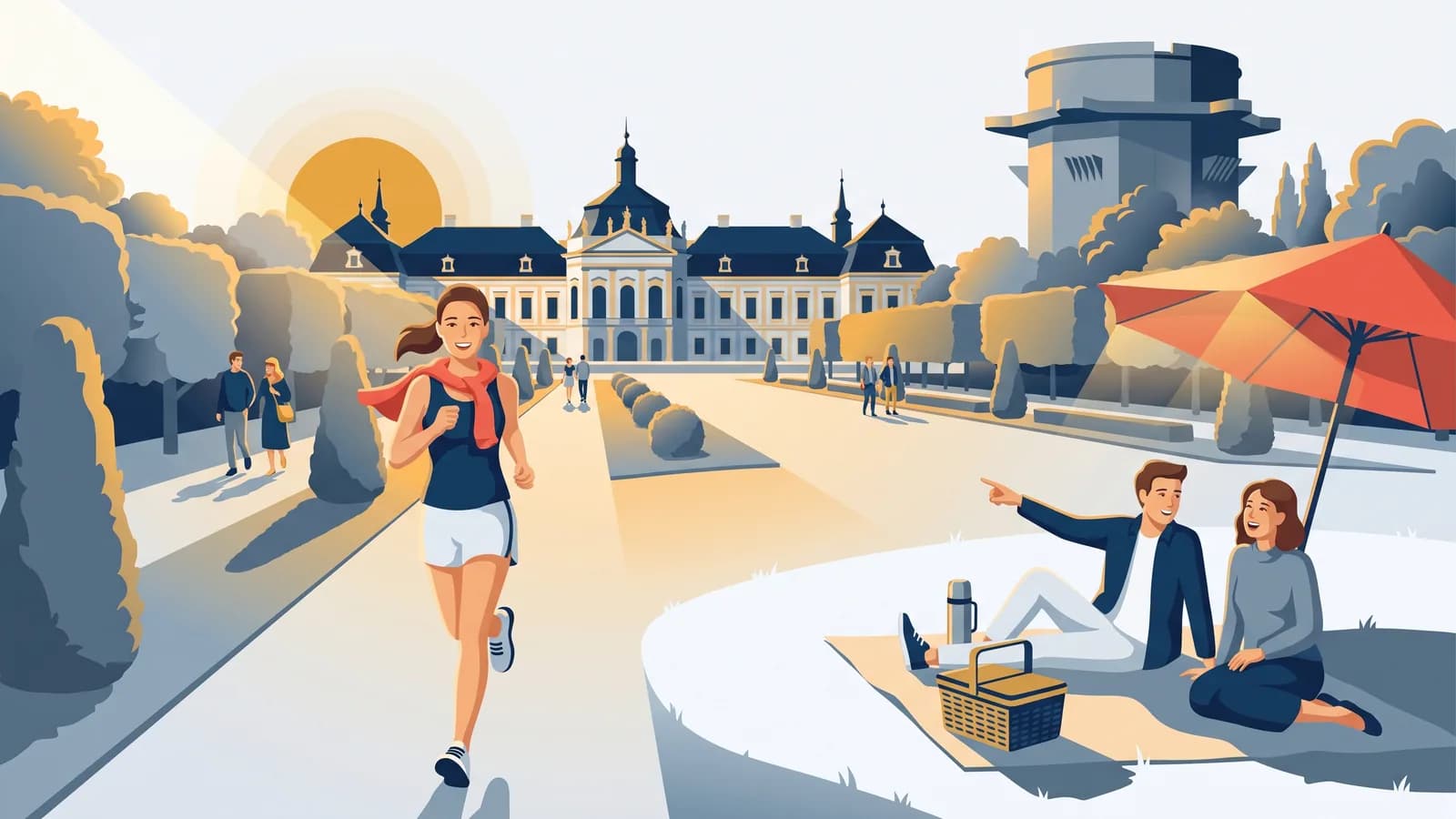 Illustrazione: un runner e due amiche fanno un picnic tra i viali dell’Augarten, un palazzo barocco sullo sfondo