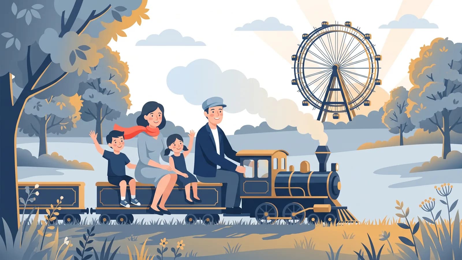 Illustrazione: una famiglia sulla Liliputbahn attraverso il Prater, il Riesenrad sullo sfondo
