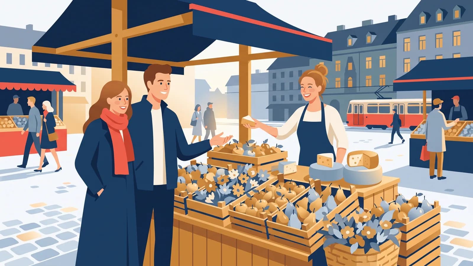 Illustrazione: una coppia compra frutta e formaggio a una bancarella del Karmelitermarkt