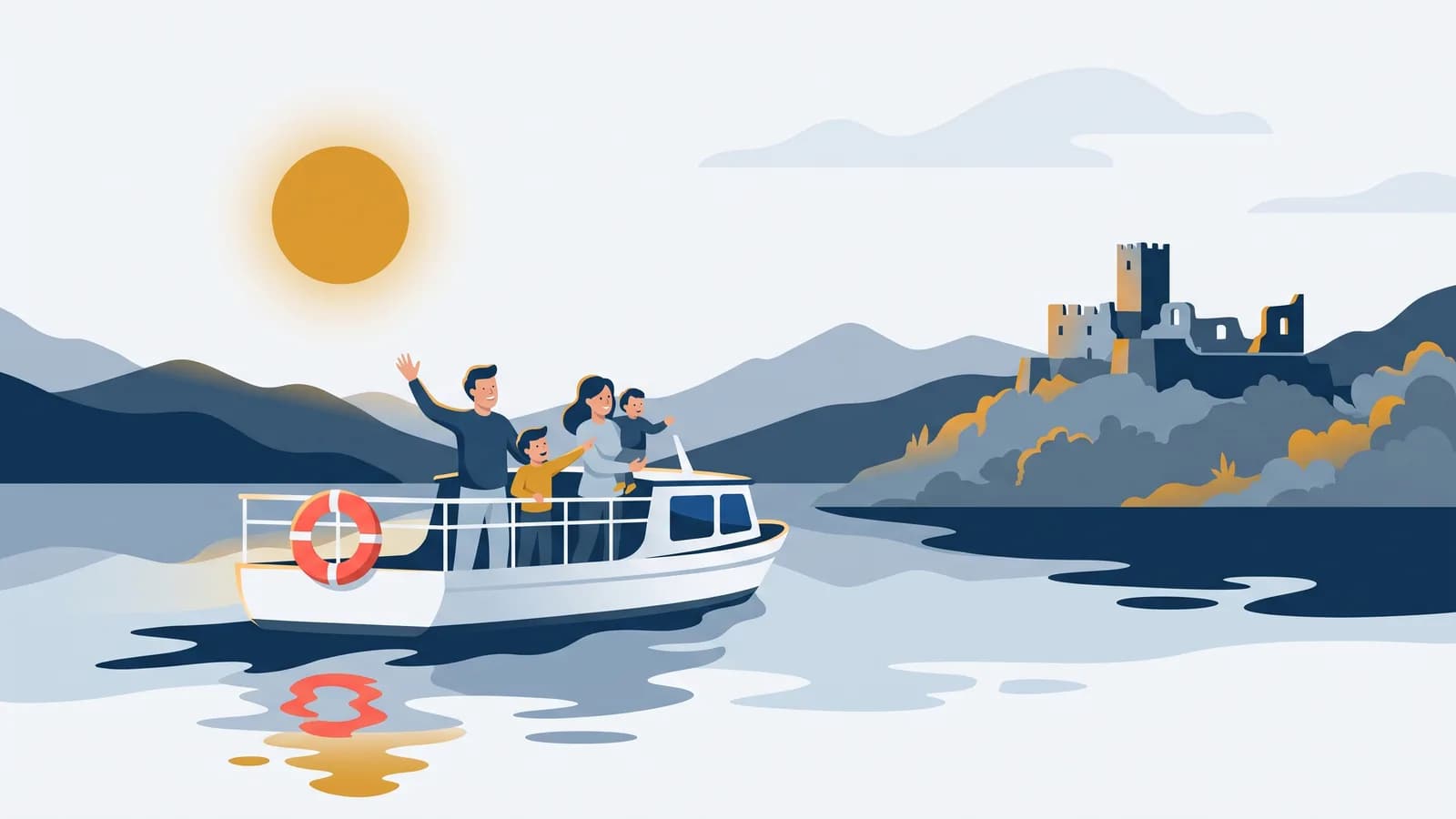 Illustration : un bateau d’excursion sur un lac de Carinthie, un château sur une colline boisée au bord du lac, des montagnes en arrière-plan