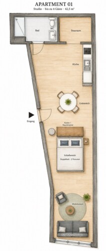 Draupromenade 12 Villach – Top 1 Türkis – hand-drawn floor plan of the 42.5 m² studio with kitchen, dining, sleeping and lounge zones
