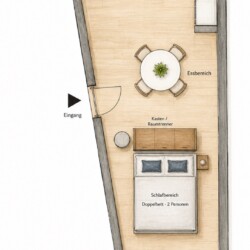Draupromenade 12 Villach – Top 1 Türkis – hand-drawn floor plan of the 42.5 m² studio with kitchen, dining, sleeping and lounge zones