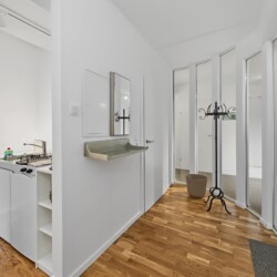 Draupromenade 12 Villach – Top 2 Gold – kitchenette with sink, two hobs and dish rack in the entrance hallway