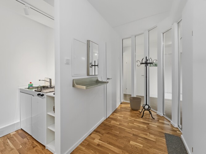 Draupromenade 12 Villach – Top 2 Gold – kitchenette with sink, two hobs and dish rack in the entrance hallway