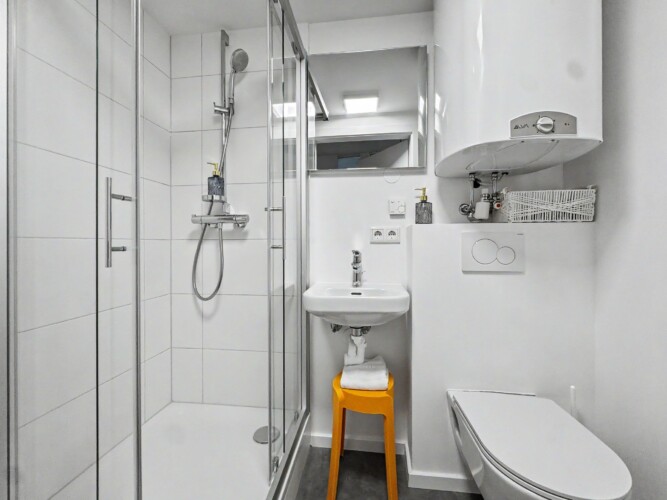 Draupromenade 12 Villach – Top 2 Gold – bathroom with glass shower cubicle, hand shower, washbasin and mirror cabinet