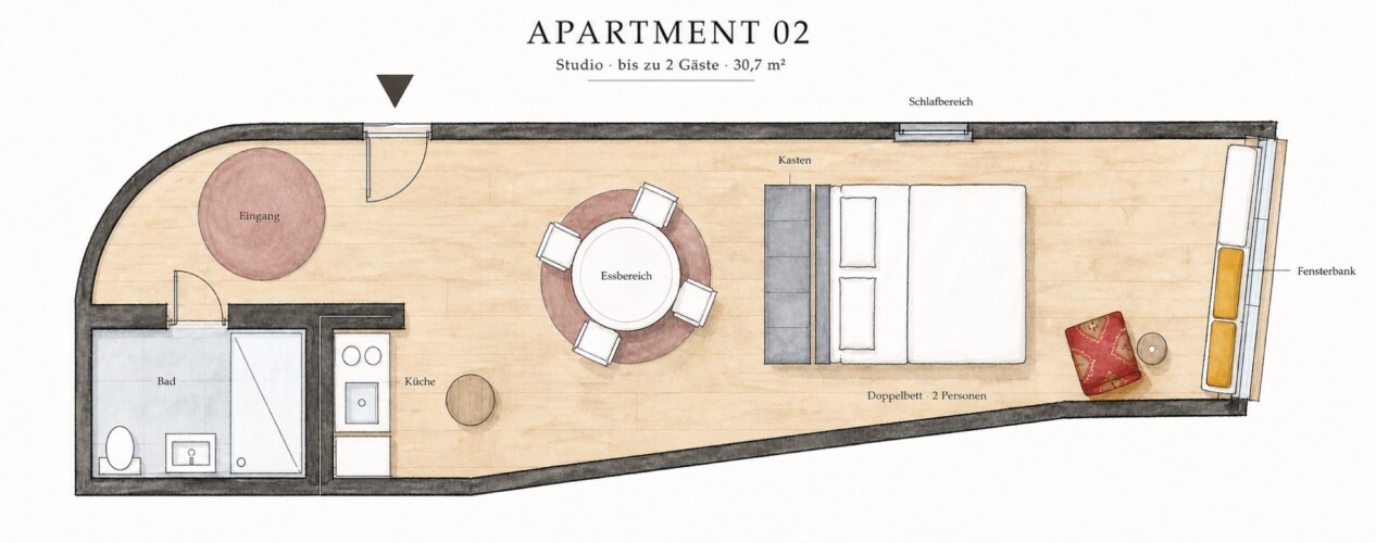 Draupromenade 12 Villach – Top 2 Gold – hand-drawn floor plan of the studio for two guests