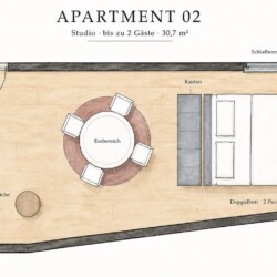 Draupromenade 12 Villach – Top 2 Gold – hand-drawn floor plan of the studio for two guests