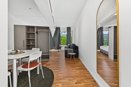 Draupromenade 12 Villach – Top 3 Drau – open-plan room with round dining table, built-in wardrobe, sofa at the window and gold arched full-length mirror