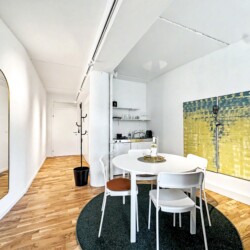 Draupromenade 12 Villach – Top 3 Drau – entrance hallway with gold arched mirror leading to the dining table, kitchenette and round concrete column