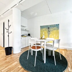 Draupromenade 12 Villach – Top 3 Drau – kitchenette with two hobs, sink, Nespresso machine and open shelf beside the round dining table