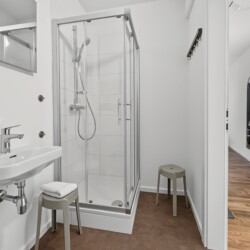 Draupromenade 12 Villach – Top 3 Drau – bathroom with glass corner shower, hand shower on a rail, washbasin and mirror cabinet