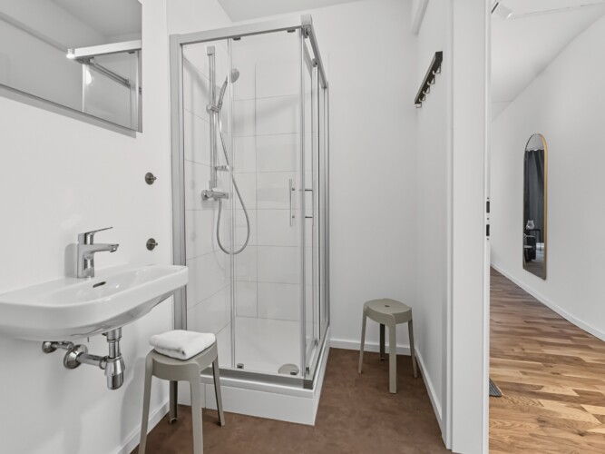 Draupromenade 12 Villach – Top 3 Drau – bathroom with glass corner shower, hand shower on a rail, washbasin and mirror cabinet