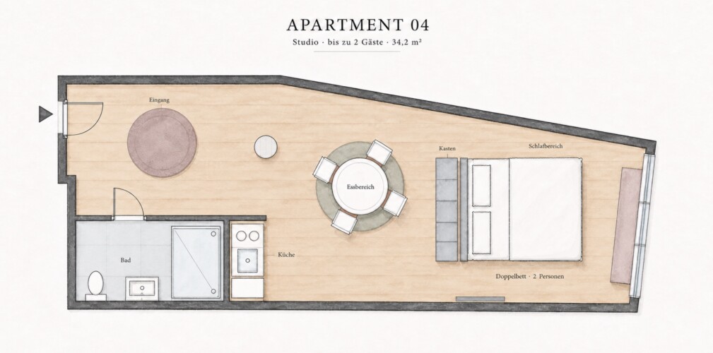 Draupromenade 12 Villach – Top 4 Pink – hand-drawn floor plan of the 34.2 m² studio with bathroom, kitchenette, dining and sleeping area