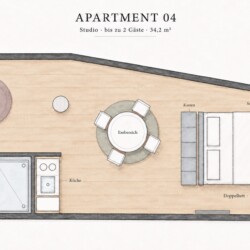 Draupromenade 12 Villach – Top 4 Pink – hand-drawn floor plan of the 34.2 m² studio with bathroom, kitchenette, dining and sleeping area