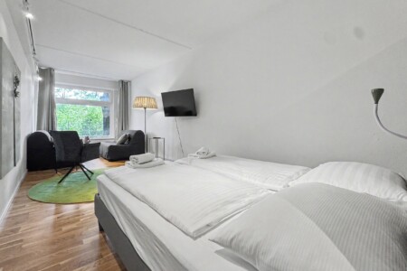 Draupromenade 12 Villach – Top 5 Grasgrün – open room with king bed, wall-mounted TV and lounge corner beyond