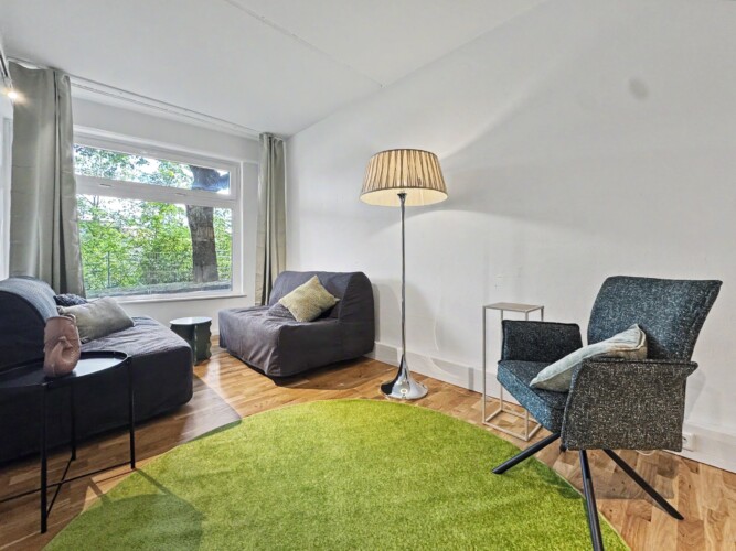 Draupromenade 12 Villach – Top 5 Grasgrün – lounge corner with two grey fold-out sofas, two swivel chairs and round grass-green rug