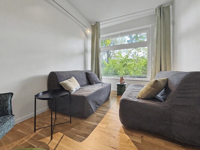 Draupromenade 12 Villach – Top 5 Grasgrün – two grey fold-out sofas facing each other at the window with sage-green curtains