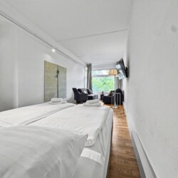 Draupromenade 12 Villach – Top 5 Grasgrün – king bed made up with white linen and rolled towels, artwork on the wall