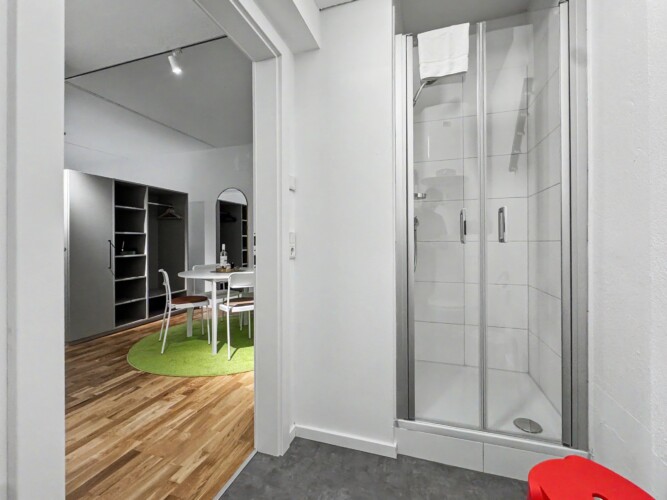 Draupromenade 12 Villach – Top 5 Grasgrün – bathroom with glass shower cubicle and hand shower on a rail, open wardrobe niche with hangers in the background