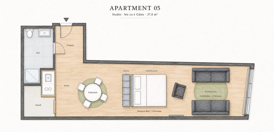 Draupromenade 12 Villach – Top 5 Grasgrün – hand-drawn floor plan of the apartment