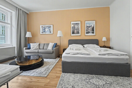 Spacious living room with parquet flooring and beige accent walls in large Vienna Altbau apartment for 8 guests