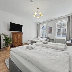Living area with comfortable grey sofa and wall-mounted flatscreen TV in Vienna short-term rental