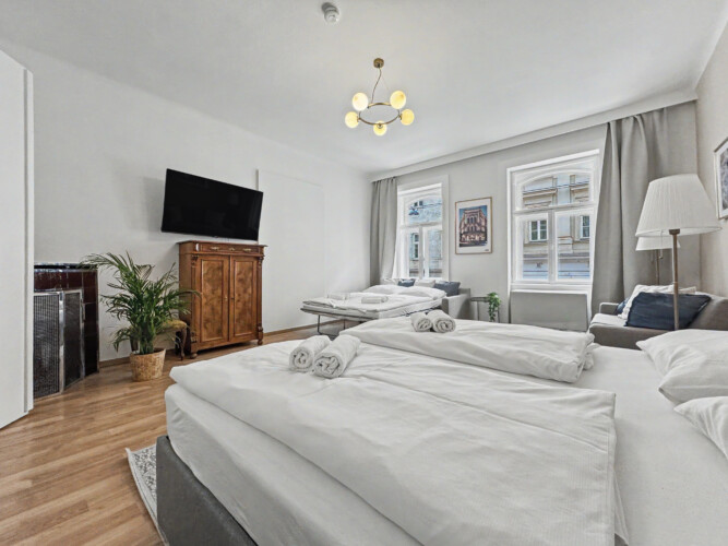 Living area with comfortable grey sofa and wall-mounted flatscreen TV in Vienna short-term rental