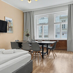 Hallway perspective showing multiple room doors in spacious Vienna short-term rental
