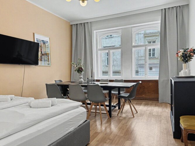 Hallway perspective showing multiple room doors in spacious Vienna short-term rental