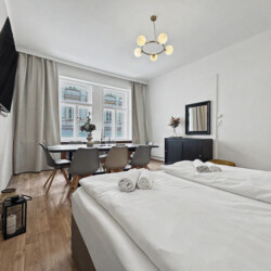 Wall-mounted TV in master bedroom of spacious Vienna Altbau apartment