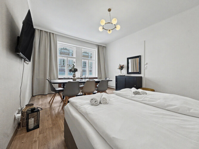 Wall-mounted TV in master bedroom of spacious Vienna Altbau apartment